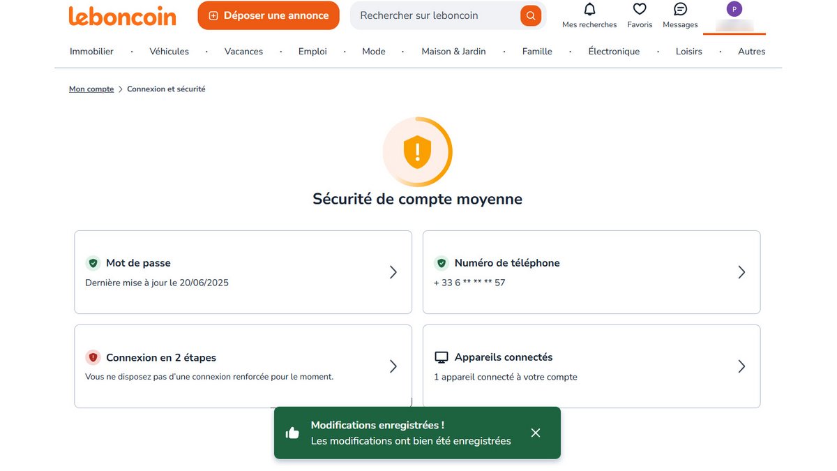 Leboncoin : confirmation de changement de mot de passe © Pascale Duc pour Clubic