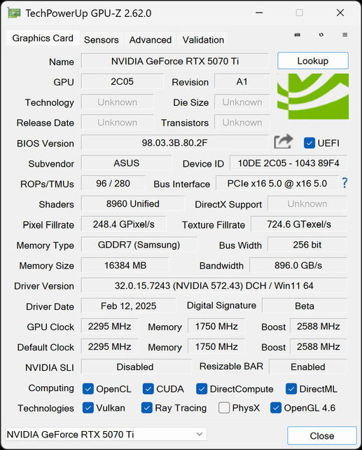 La TUF Gaming RTX 5070 Ti OC vue par GPU-Z © Nerces pour Clubic