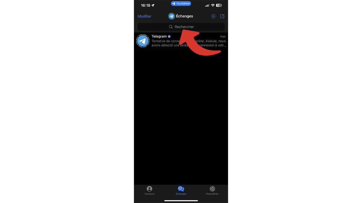 Appuyez sur la zone de recherche Telegram en haut de l'écran © Axel Reghis pour Clubic