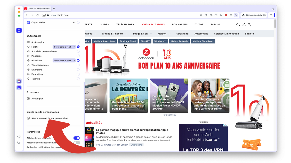 Ajouter un volet de site personnalisé © Clubic