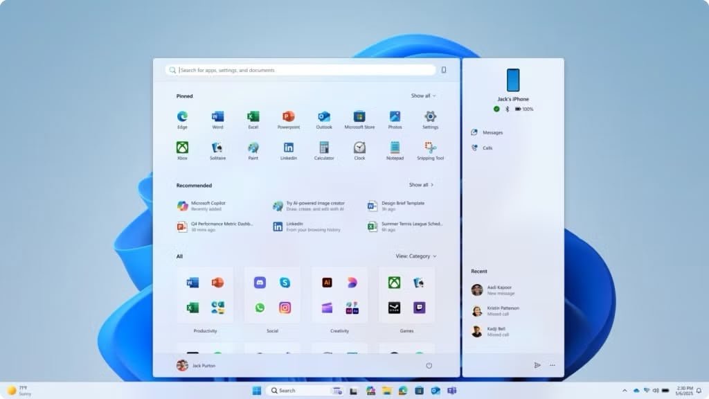 Aperçu du menu Démarrer revu sur grand écran. © Microsoft