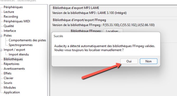 Audacity Succès installation ffmegp sur windows