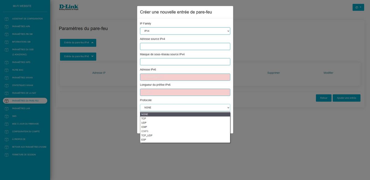 Paramètres Firewall (depuis l'interface web)