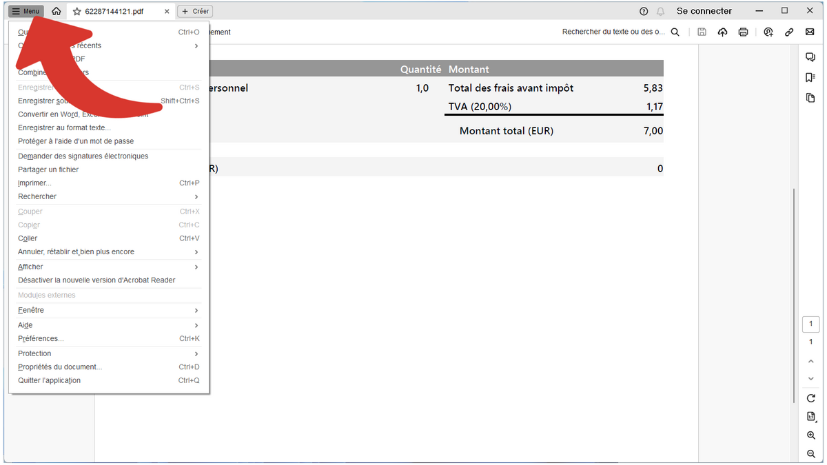 Aller dans le menu d'Adobe Acrobat Reader menu © Clubic