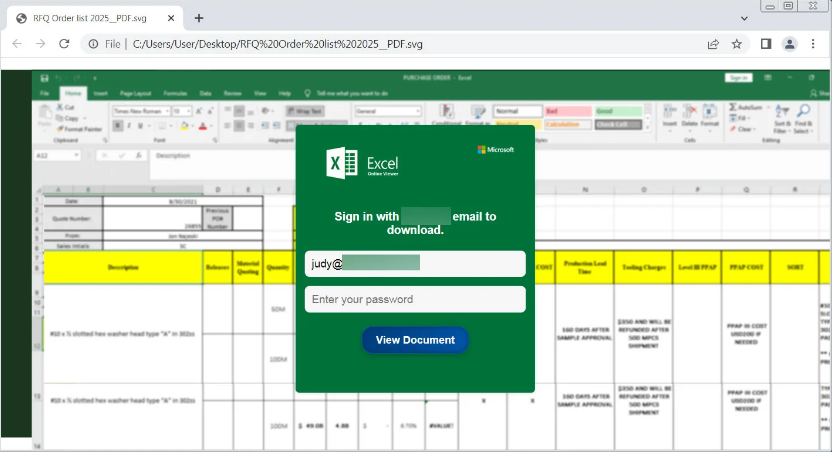 Attaque de phishing déguisée via un fichier SVG, où un faux panneau de connexion Excel tente de dérober les identifiants d'utilisateur. © Capture d'écran / Bleeping Computer