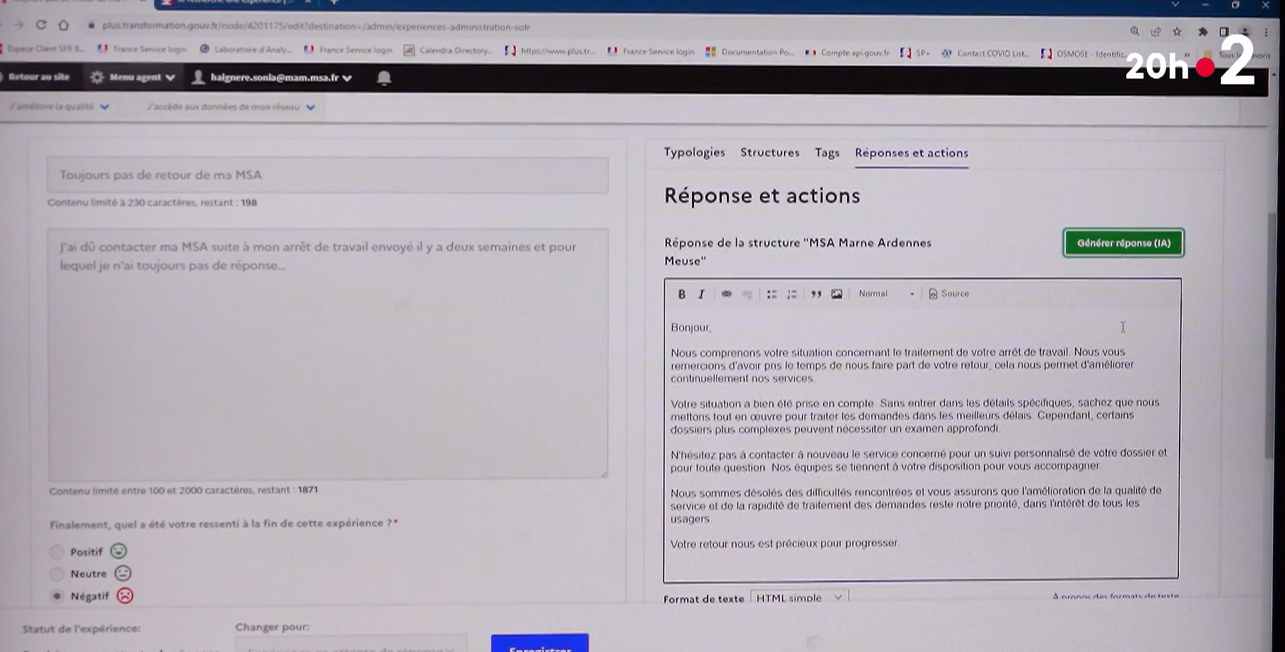 Capture d'écran montrant l'utilisation de l'IA pour répondre à un administré © France 2