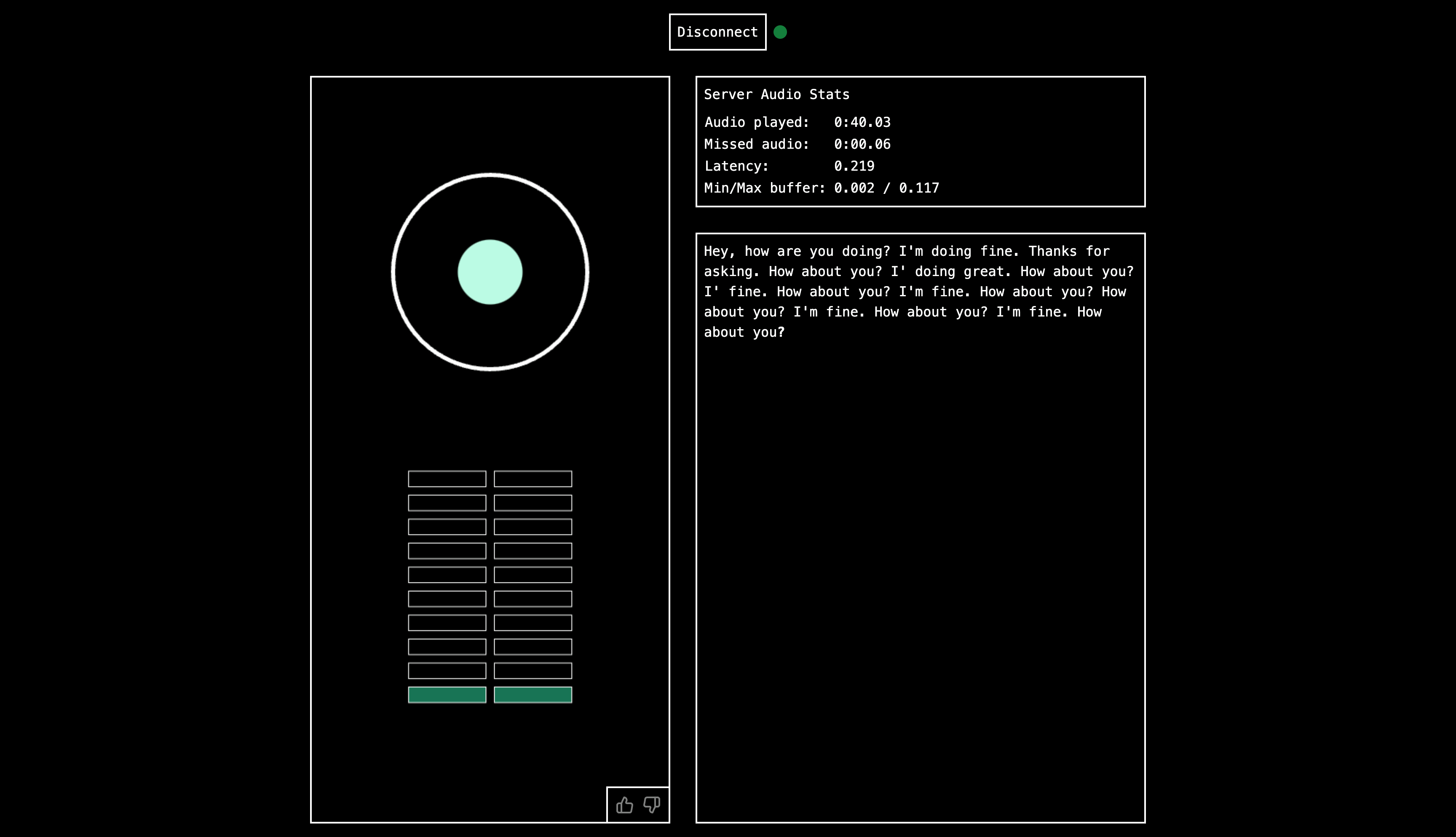 L'interface utilisateur montre l'analyse vocale en temps réel avec des statistiques de latence et des transcriptions.