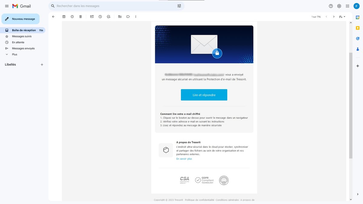 Tresorit Email Encryption - Réception d'un mail chiffré sur Gmail