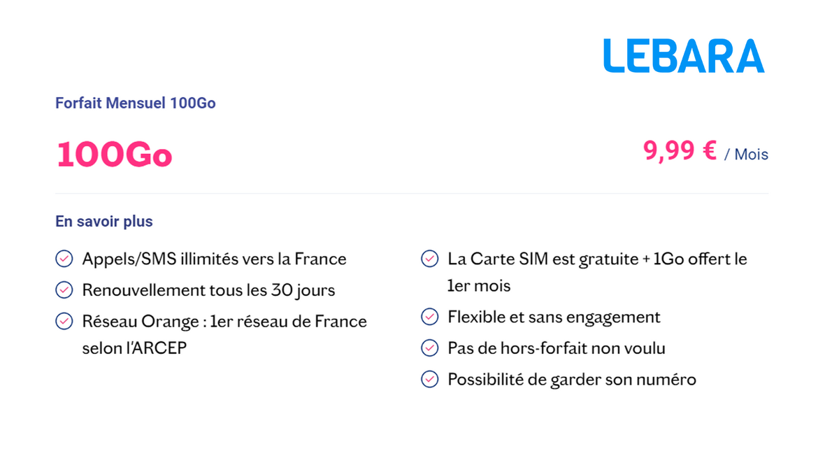 Les détails du forfait Lebara 100 Go