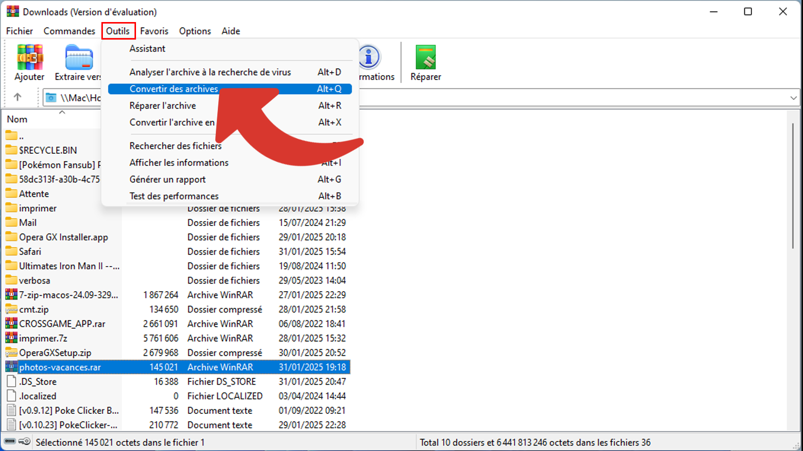 Accéder au menu pour convertir des archives © Clubic