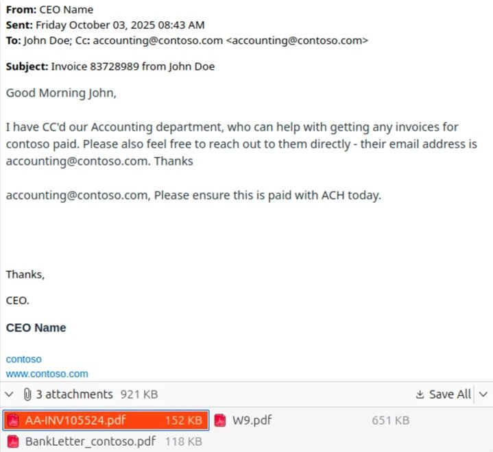 Exemple de faux mail de phishing présenté par Microsoft, simulant un échange entre un CEO et la comptabilité pour illustrer une fraude à la fausse facture interne. © Microsoft