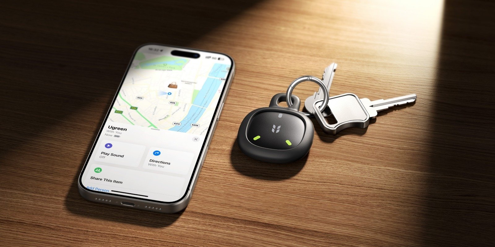 Le traceur FineTrack Mini 2 fait seulement 3,6×3,6×1,07 cm et est livré avec une coque de protection et un porte-clés. ©Ugreen