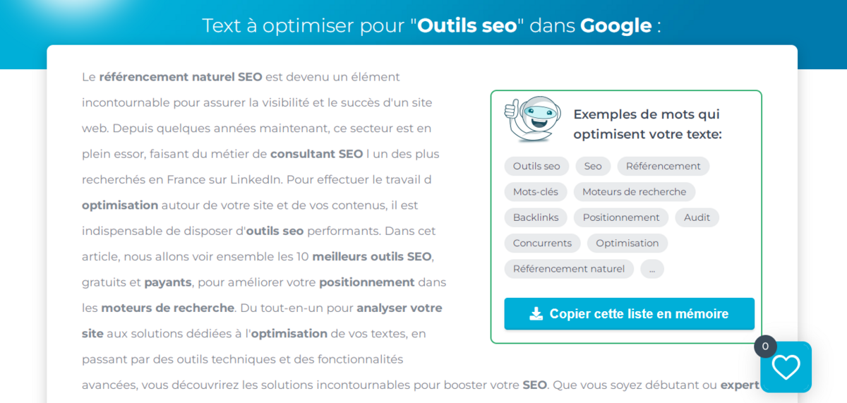 Optimisation du contenu sur la requête "outils seo"