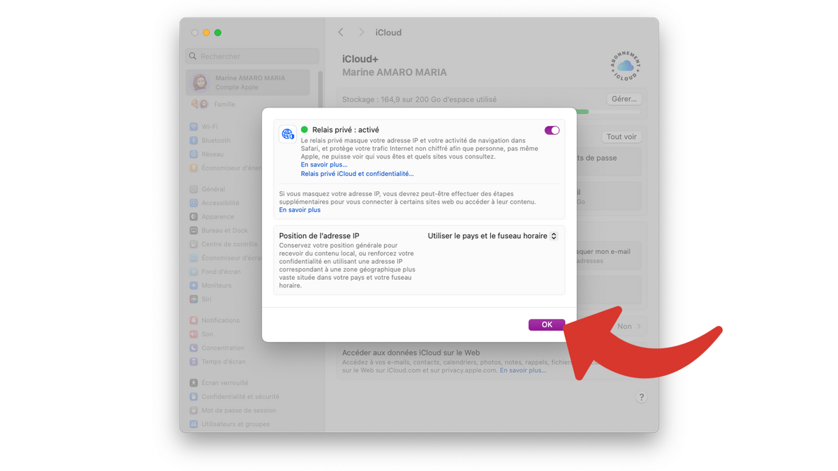 Valider les réglages concernant le Relais privé iCloud sur Mac © Clubic