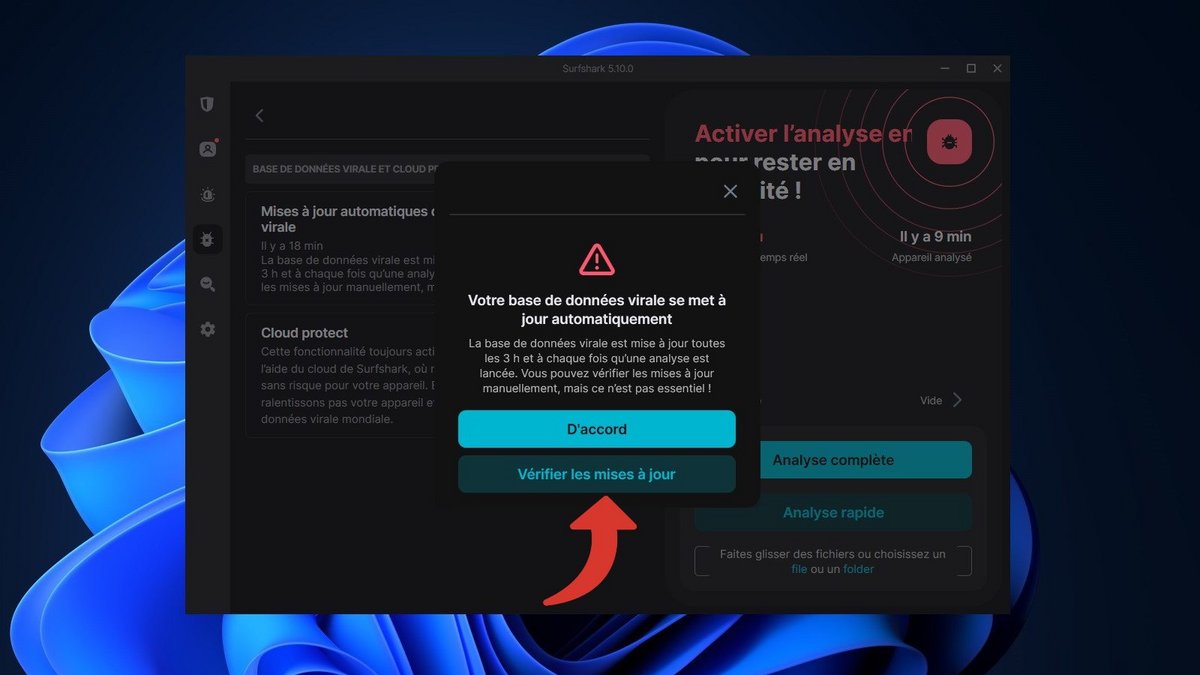 Surfshark Antivirus - Confirmez la recherche manuelle des mises à jour de la base de données virale © Clubic