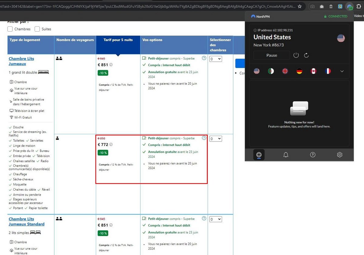 Près de 100 euros d'économie sur ce même séjour avec NordVPN pour Chrome