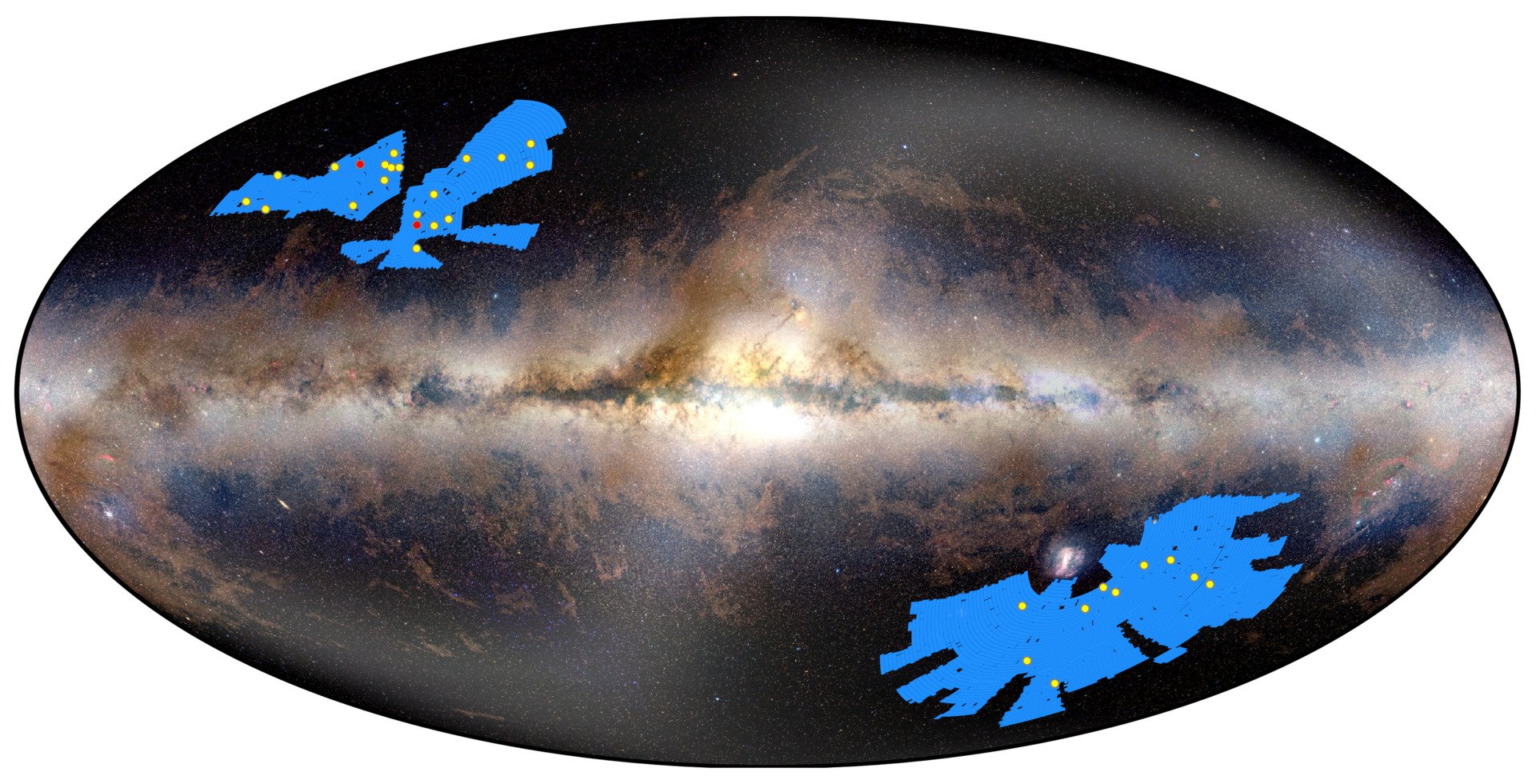 La localisation des 31 quasars découverts par Euclid, sur une carte de l'univers. © ESA/Euclid//NASA