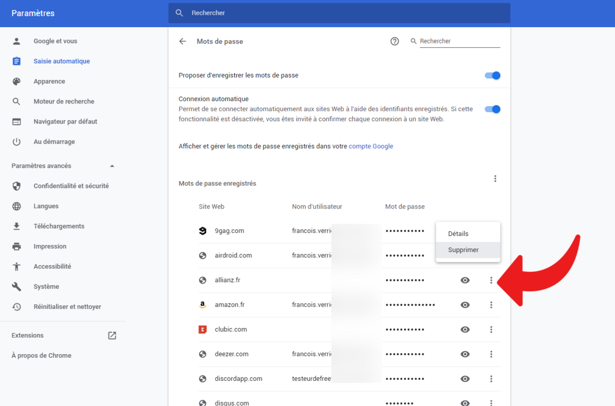 Suppression mots de passe Google Chrome