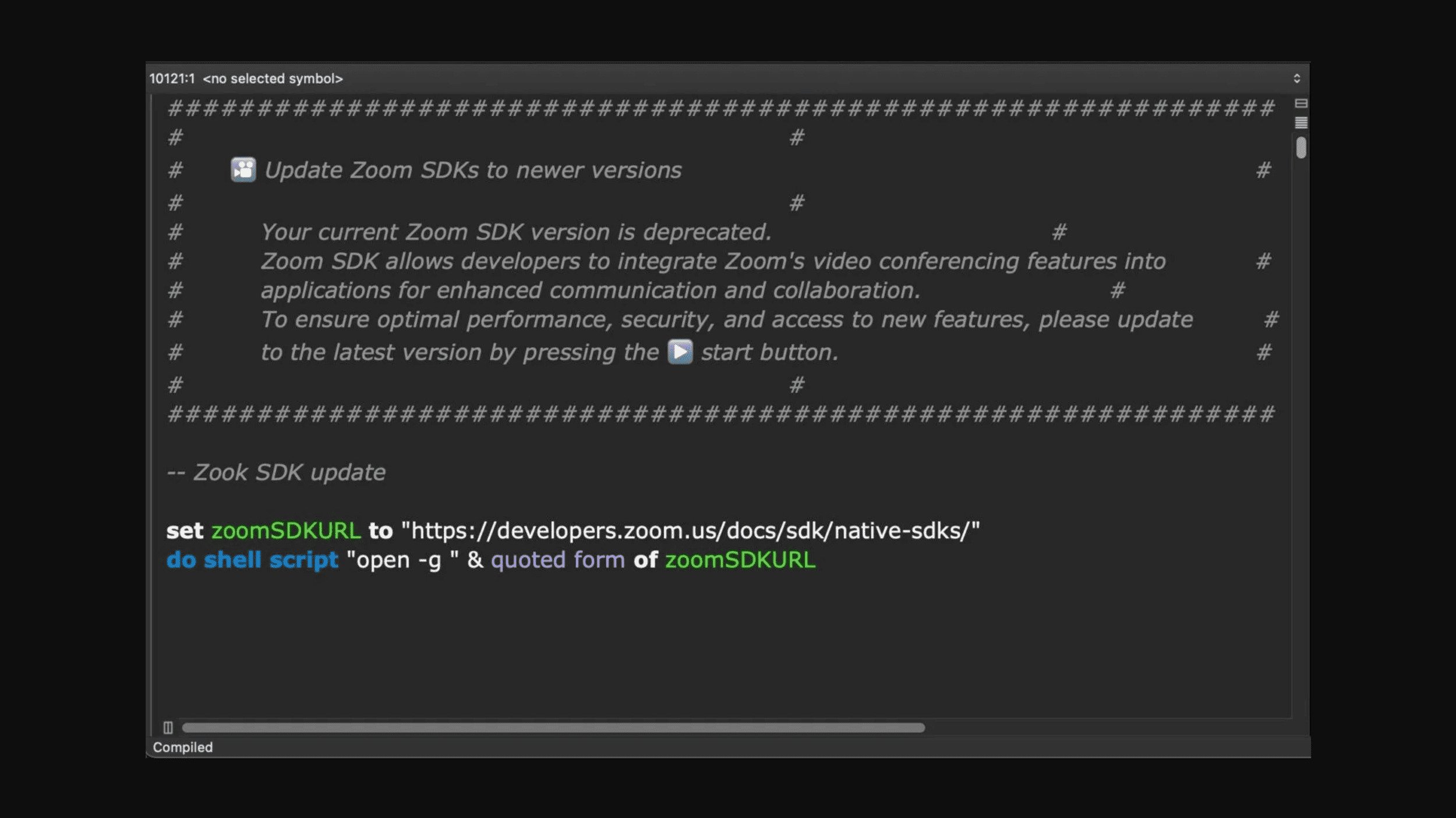 Le fichier "zoom_sdk_support.scpt" est complété par 10 000 lignes d'espaces. On remarque la barre de défilement sur la droite de la capture d'écran, et la faute de frappe « Zook ». © Sentinel Labs