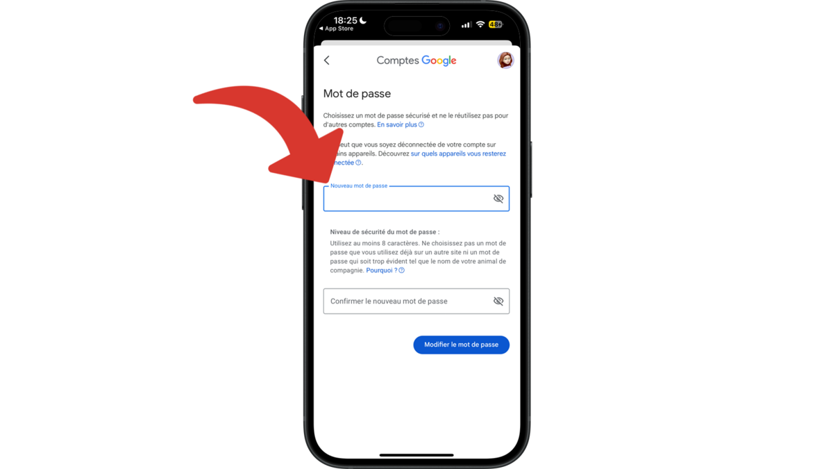 Saisir deux fois le nouveau mot de passe Google © Clubic
