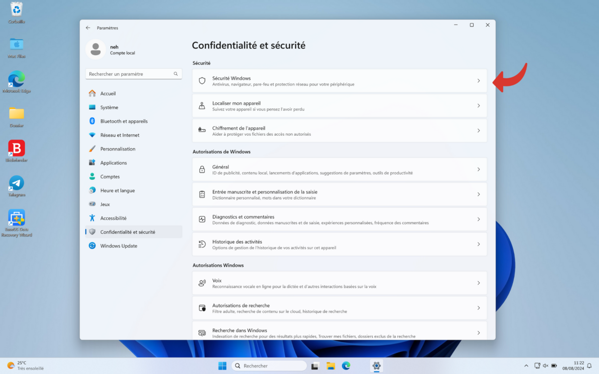 Allez dans les réglages de sécurité de Windows. © Clubic