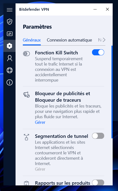 Bitdefender VPN - parametres