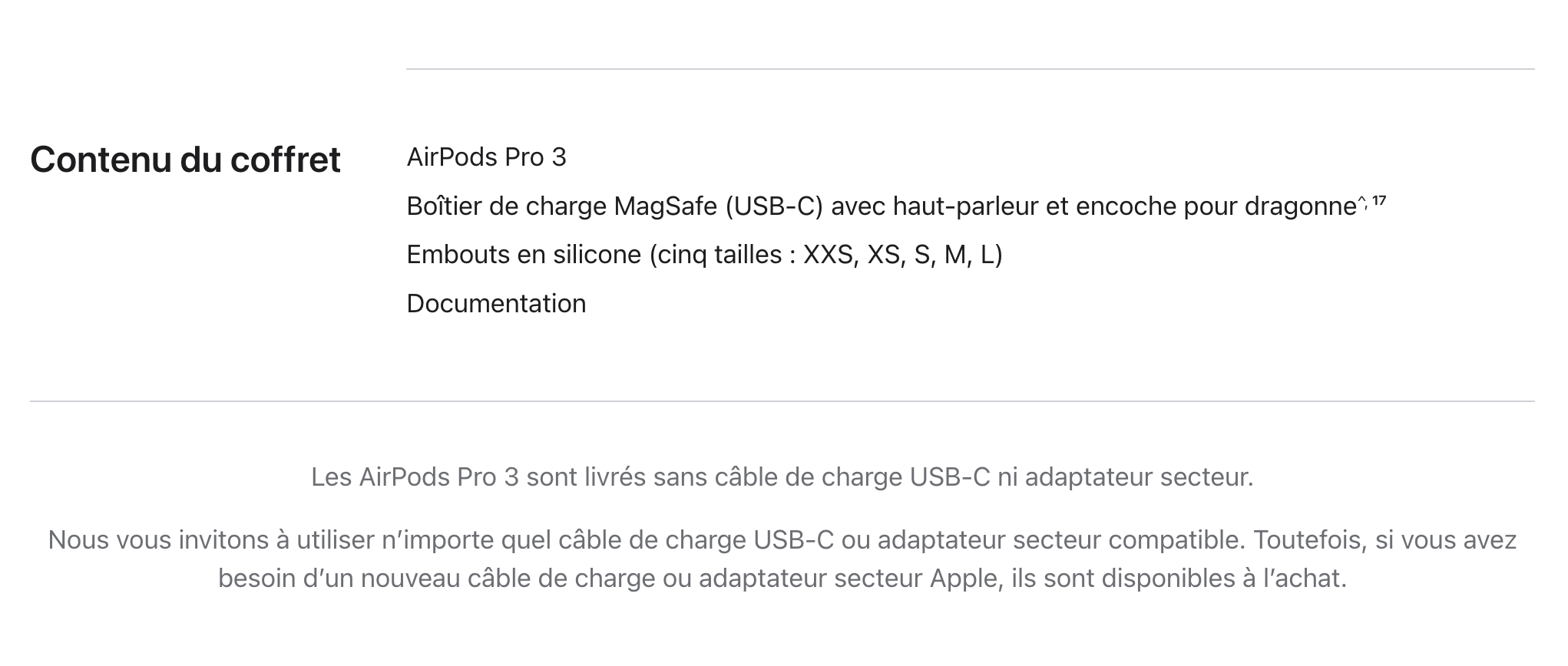 Apple confirme sobrement la décision dans la section « Contenu du coffret », une évolution qui tranche avec les AirPods Pro 2 qui incluaient bien un câble de charge. © Apple