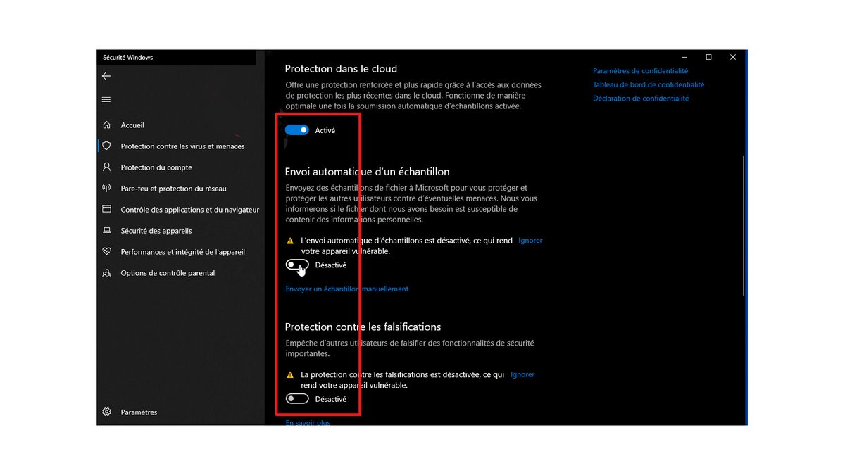 Gérer les paramètres d'activation - Microsoft Defender - WIndows 10