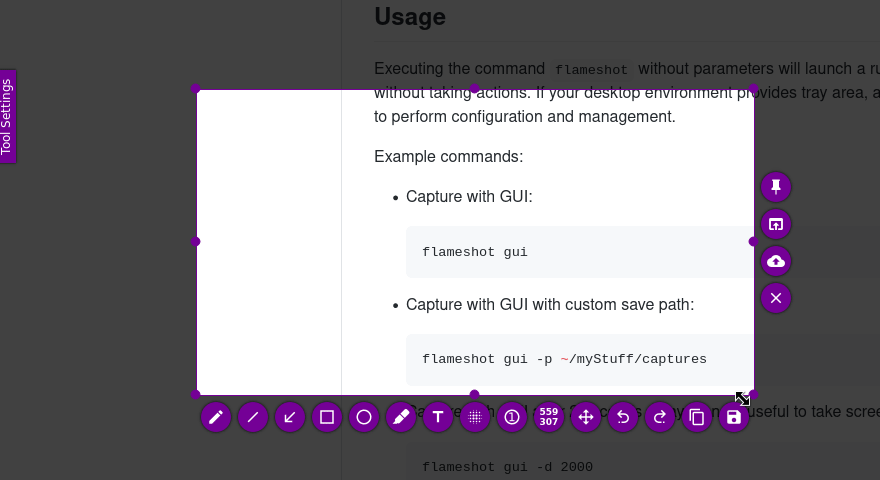 Exemple de l'interface de Flameshot en action, démontrant la barre d'outils d'annotation pour une modification rapide et facile de captures d'écran.