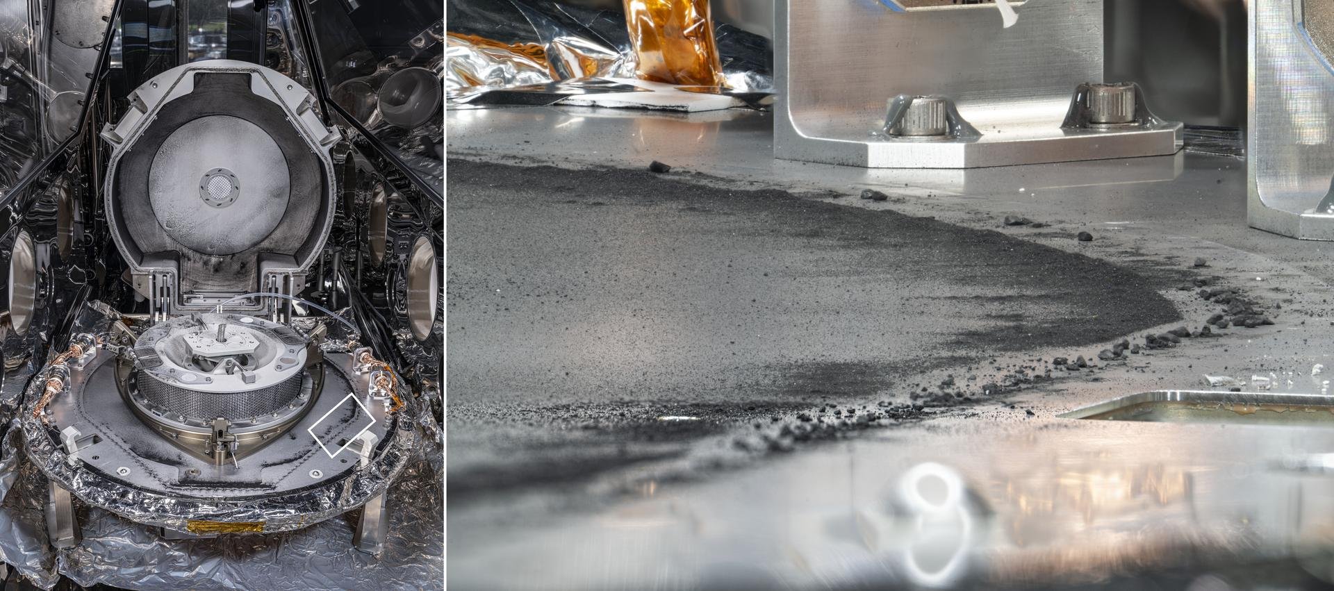 Surprise à l'ouverture du compartiment scellé : il y a déjà des morceaux d'astéroïdes hors du collecteur ! Un trésor... Avant même d'ouvrir le reste. © NASA