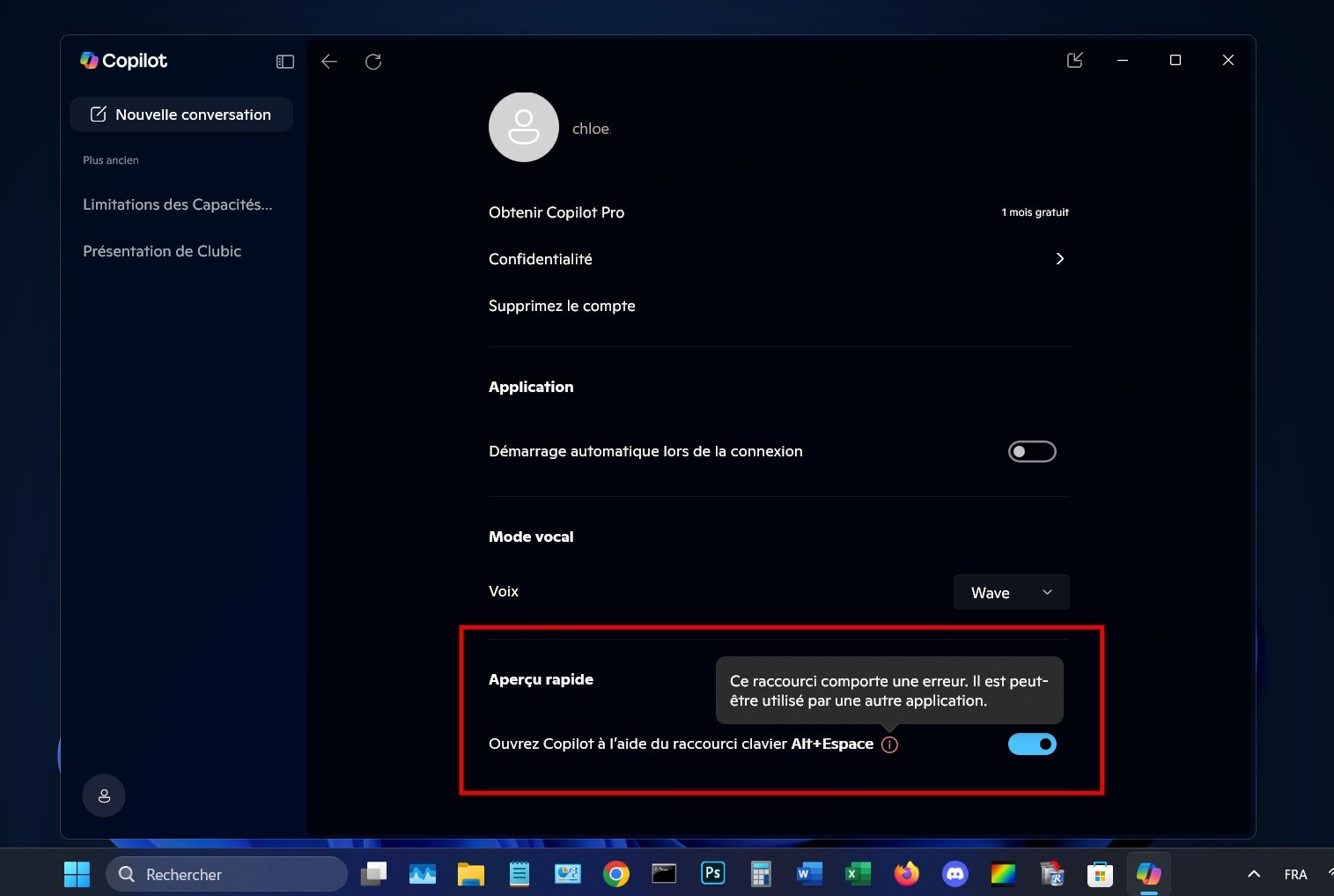 Aujourd'hui, c'est le raccourci Alt + Espace qui convoque Copilot... enfin, quand il n'entre pas en conflit avec d'autres logiciels configurés sur la même combinaison de touche © Clubic