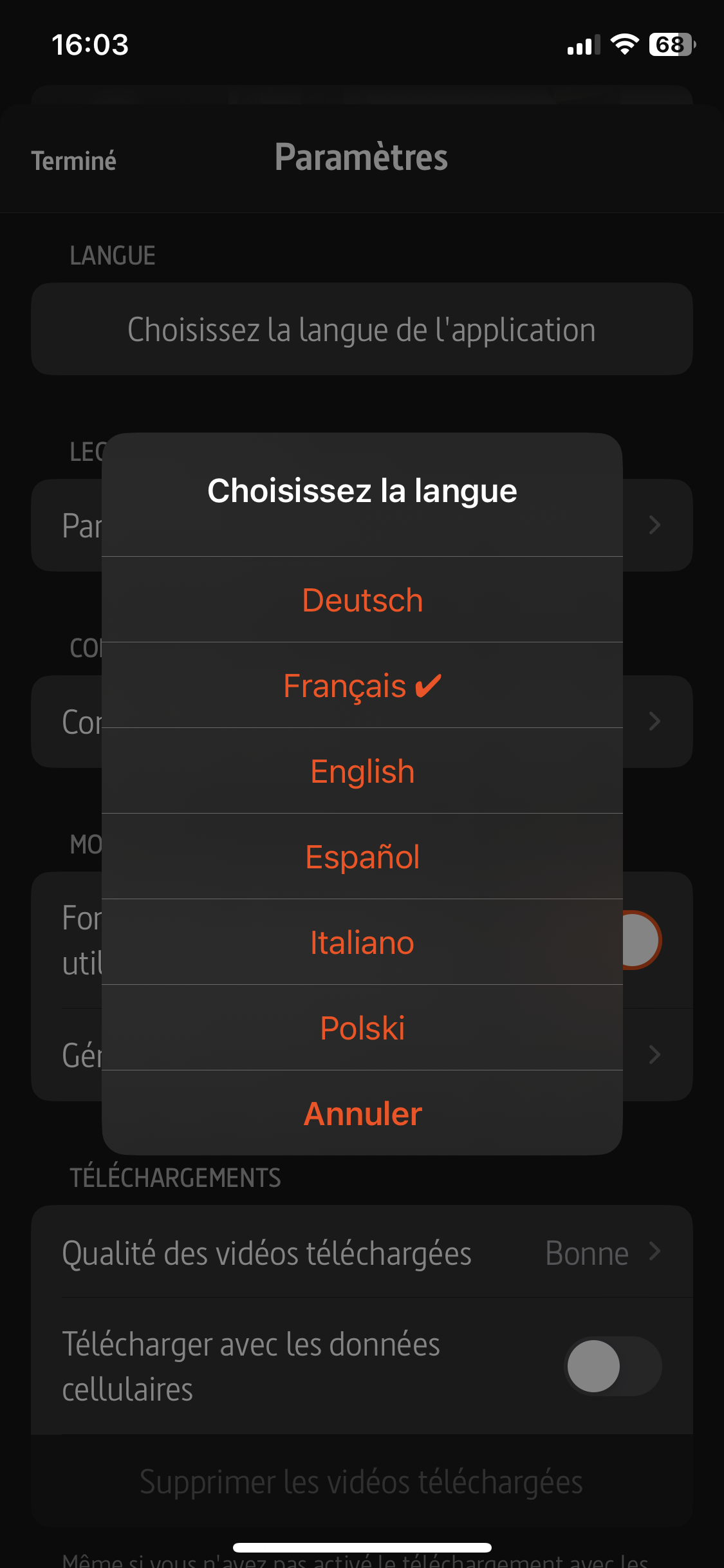 Choix langue de l'app ARTE TV