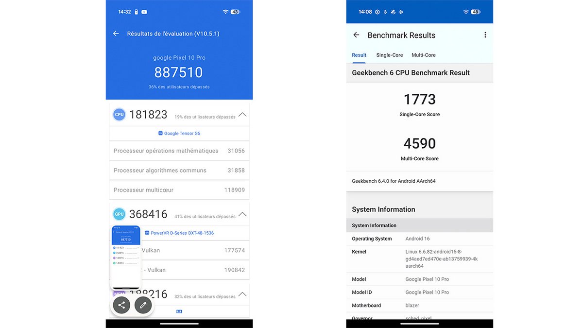 Les pires résultats obtenus lors des benchmarks avec le Pixel 10 Pro.