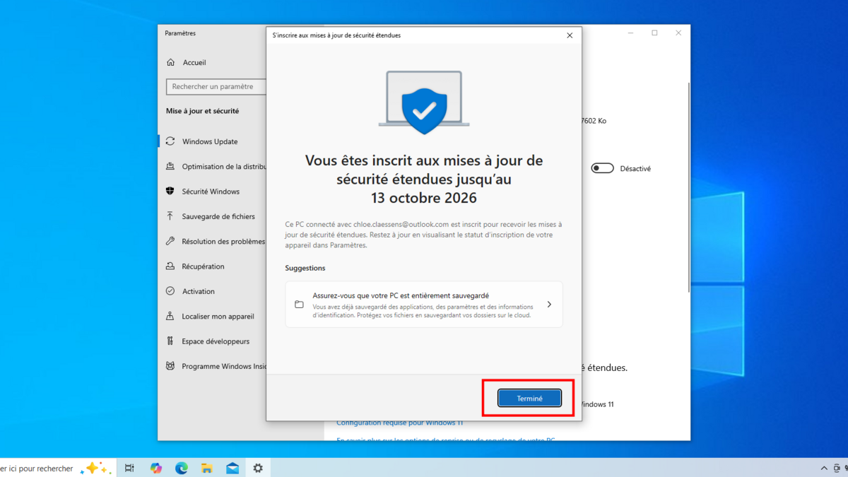 Cliquez sur "Terminer" pour valider définitivement votre inscription. © Clubic