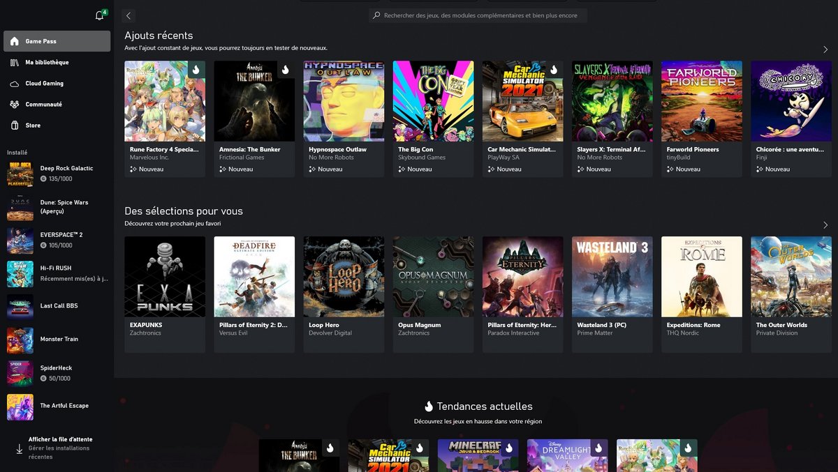 Xbox Game Pass - L'interface sur PC