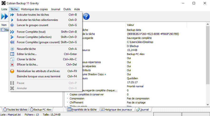 Options de la tâche sur Cobian Backup