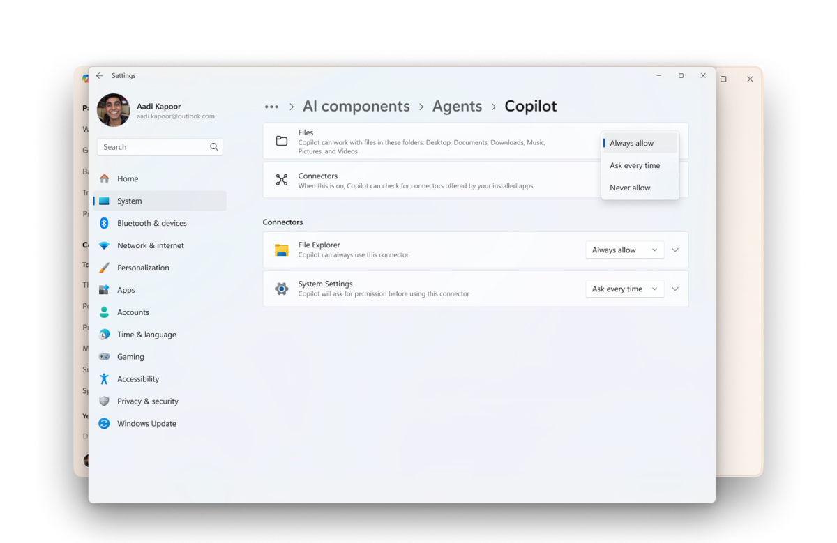 Windows 11 vous permet de définir trois types d'autorisation d'accès aux fichiers personnels pour chaque agent IA. © Microsoft