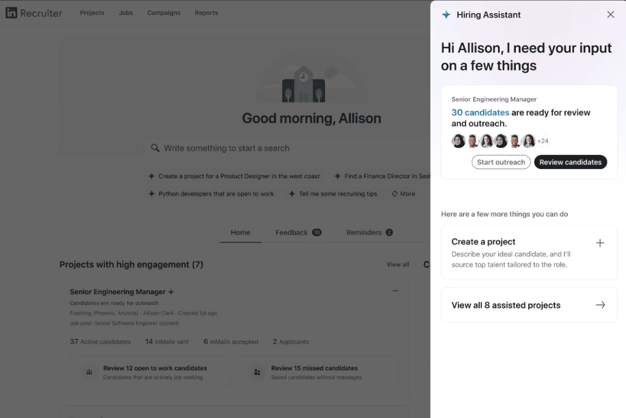 L'accueil de l'assistant de recrutement © LinkedIn