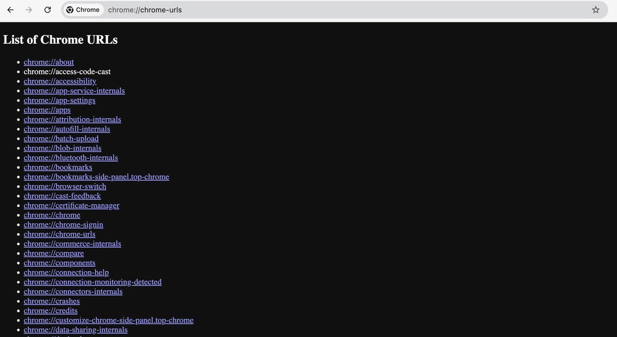 La liste des pages internes de Chrome © Google