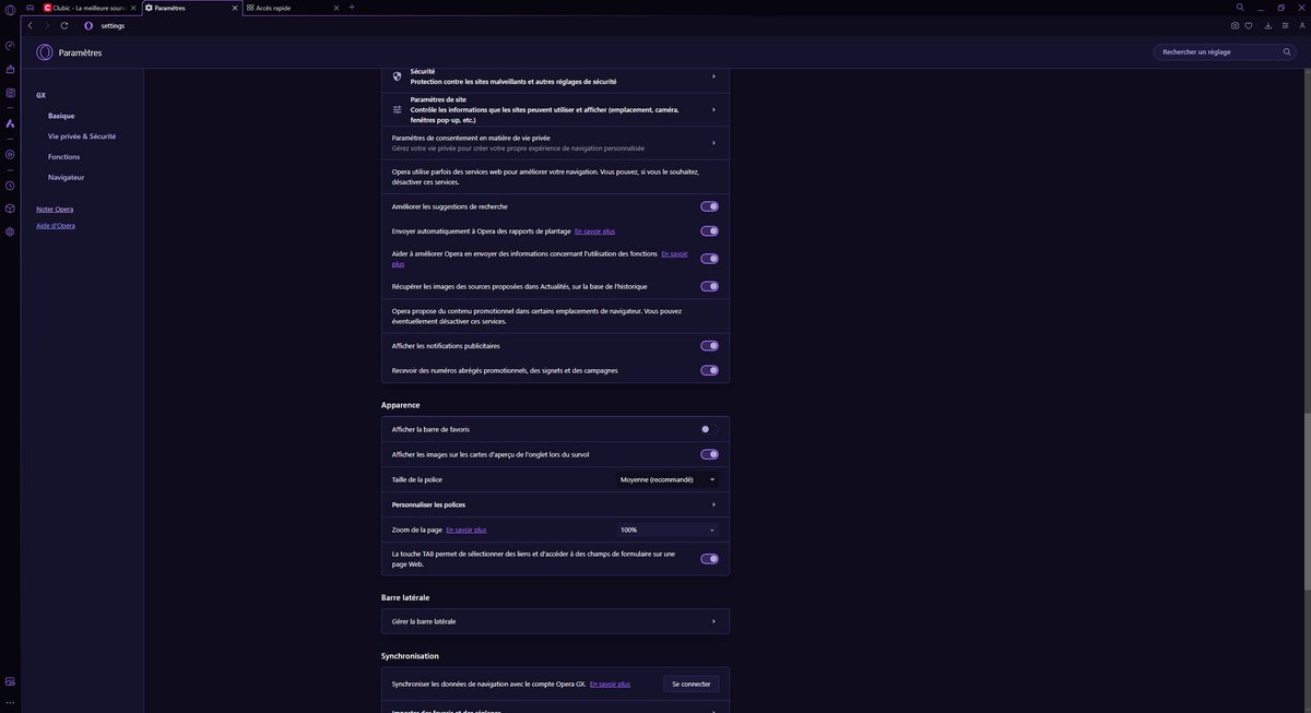 Opera GX - La section des réglages dédiées à la sécurité et à la vie privée