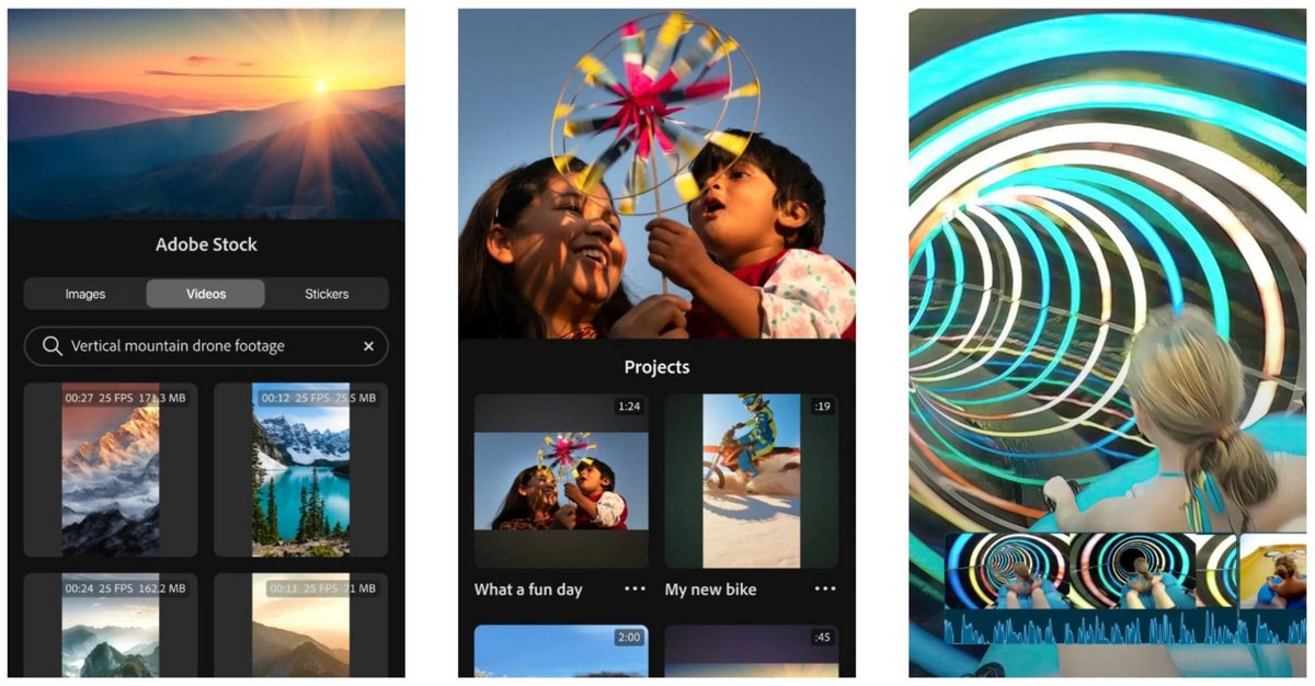 Là, nous avons un aperçu de l'accès aux ressources gratuites, de la propriété intellectuelle des contenus, et de la modification et de l'export des vidéos montées depuis l'iPhone sans filigrane ! © Adobe