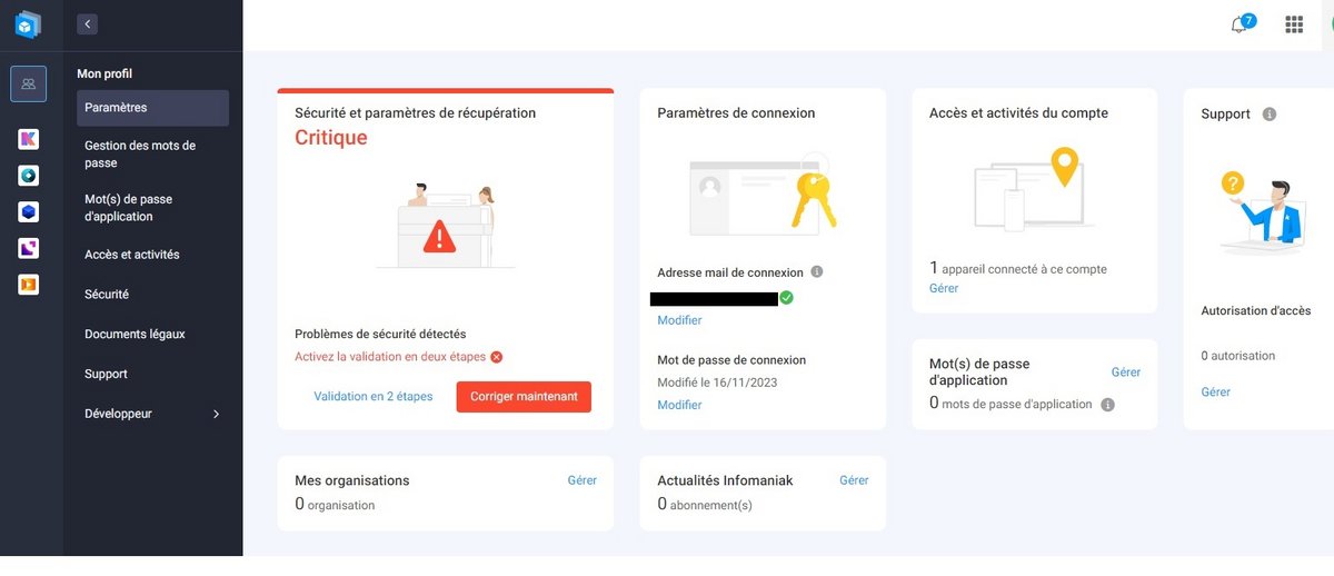 kDrive - Onglet sécurité et activation de la vérification en deux étapes