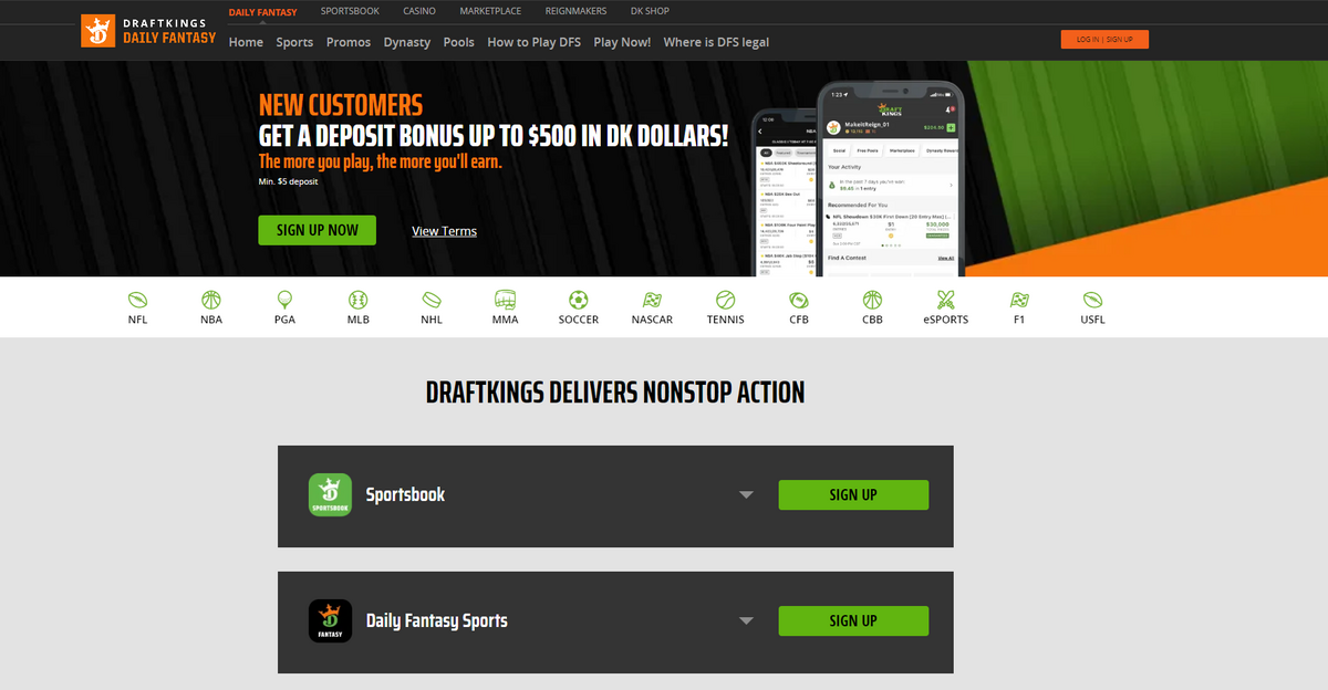 Page d'accueil du site DraftKings © DraftKings, Inc.