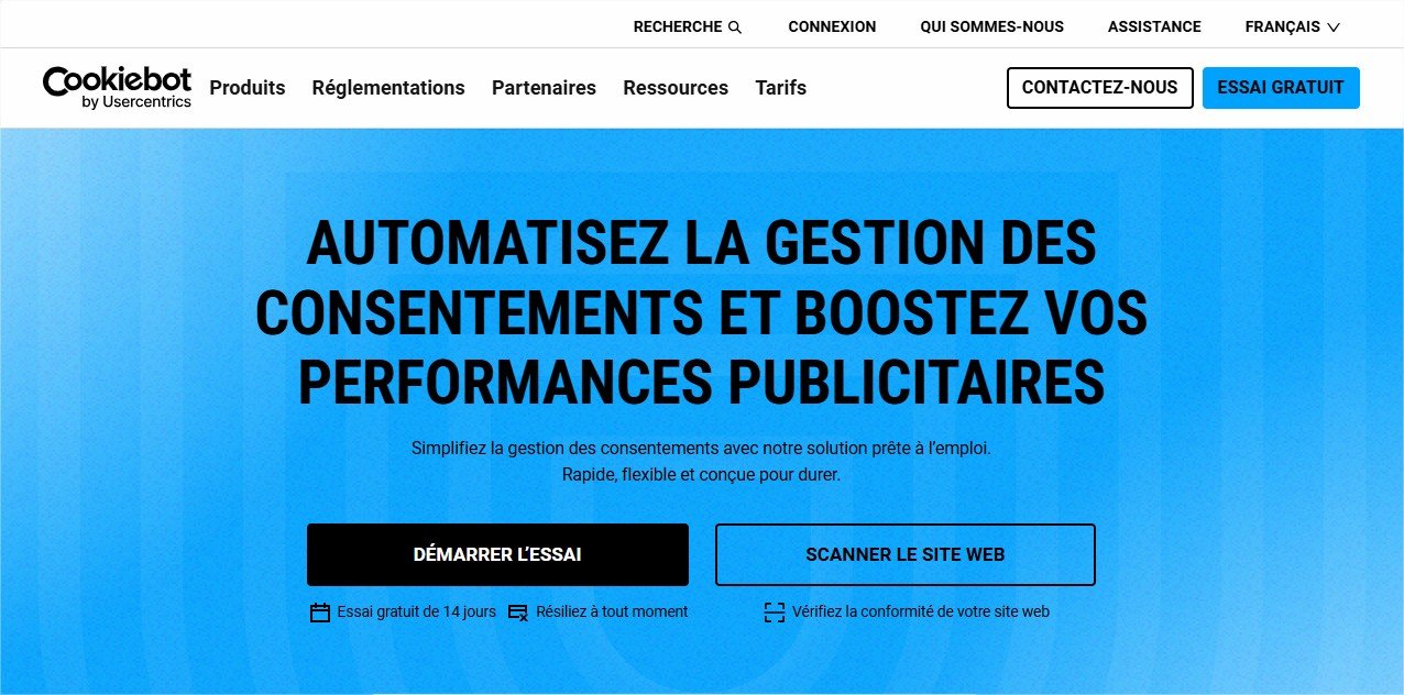 La page d’accueil de l'outil, où vous pouvez lancer un essai gratuit et scanner votre site pour vérifier sa conformité RGPD. - © Cookiebot
