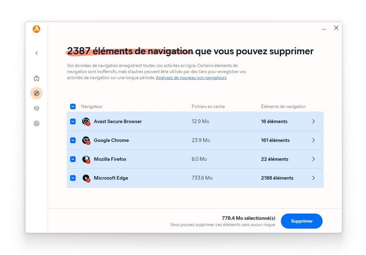L’outil Effacer les données de navigation d’Avast One