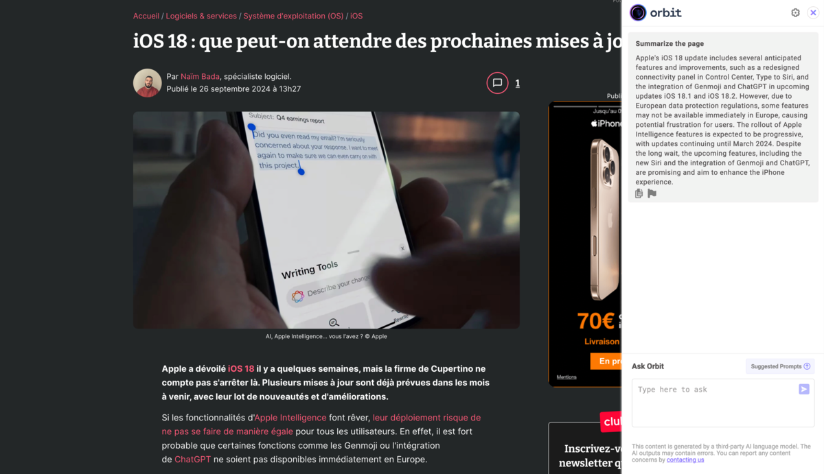 Mozilla peut résumer vos articles, mais l'extension ne fonctionnera pas en français si vous ne lui demandez pas. © Naïm Bada pour Clubic.