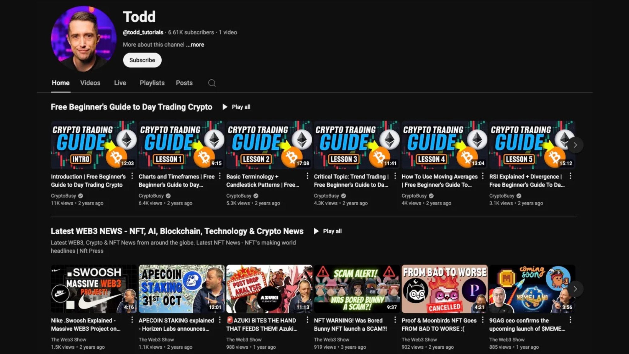 Voici des listes de lecture publiées par le compte YouTube piégé @todd_tutorials © SentinelLabs