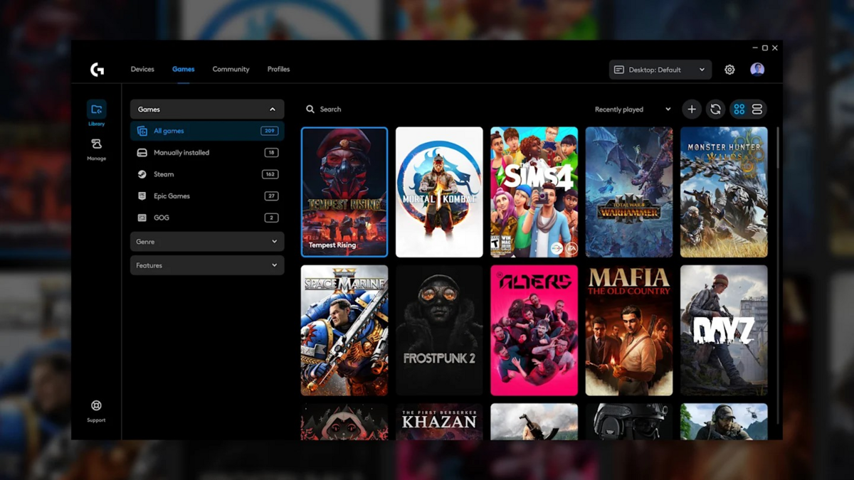 Bibliothèque de jeux intégrée à G Hub, permettant d’associer des configurations spécifiques à chaque titre installé. - © Logitech G Hub