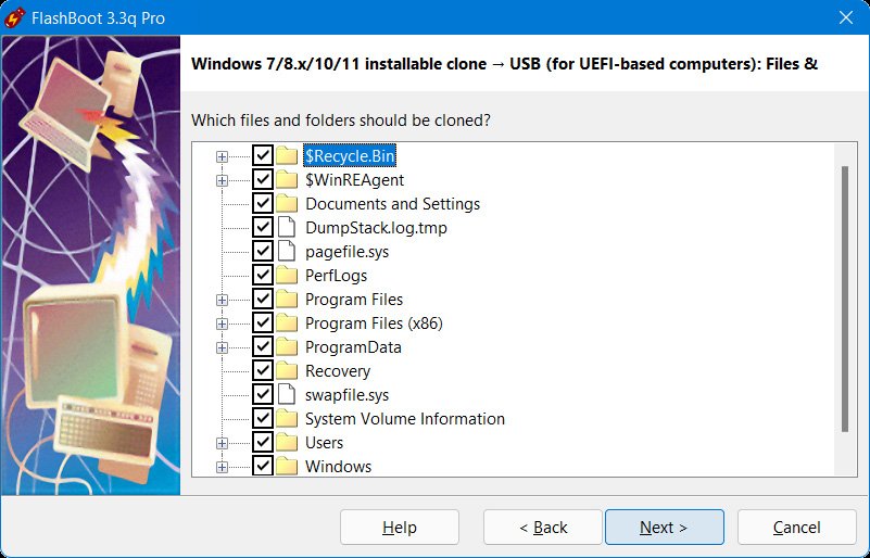 Sélection des dossiers à cloner lors de la création d’un clone Windows sur USB avec FlashBoot. - © FlashBoot