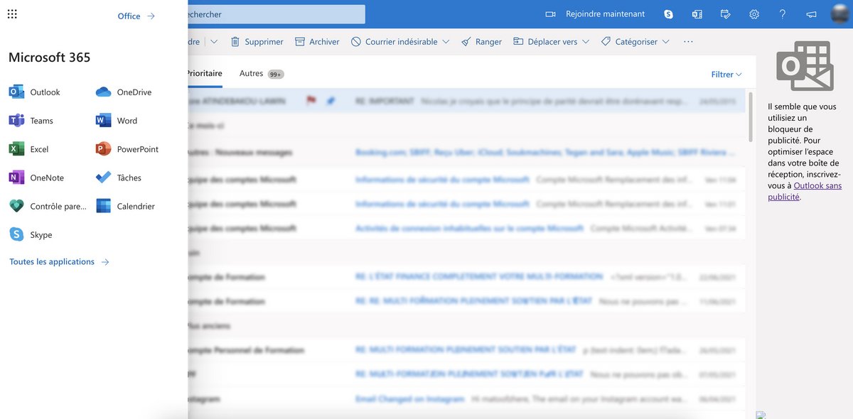 Accéder au reste des applications 365 depuis la messagerie. © Clubic